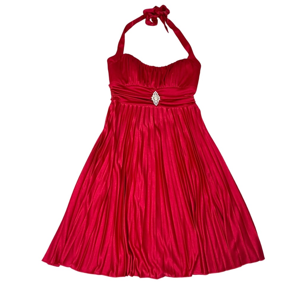 Speechless Y2K Red Satin Halter Dress Pleated Rhinestone Small Empire Waist NWT